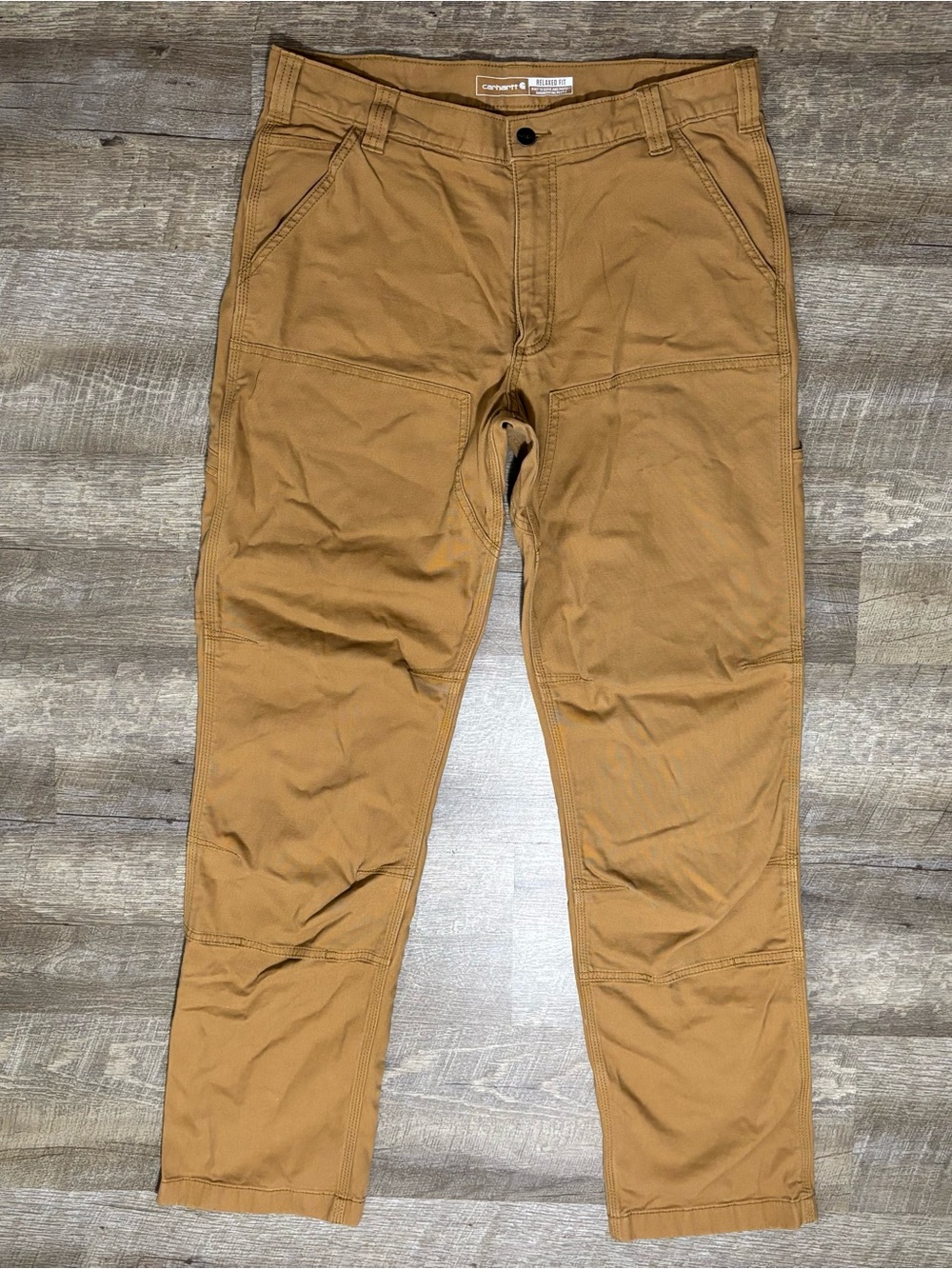 Carhartt Pants Mens 34x34 (FITS 32x32) Tan Double Knee Relaxed Fit Rugged Flex